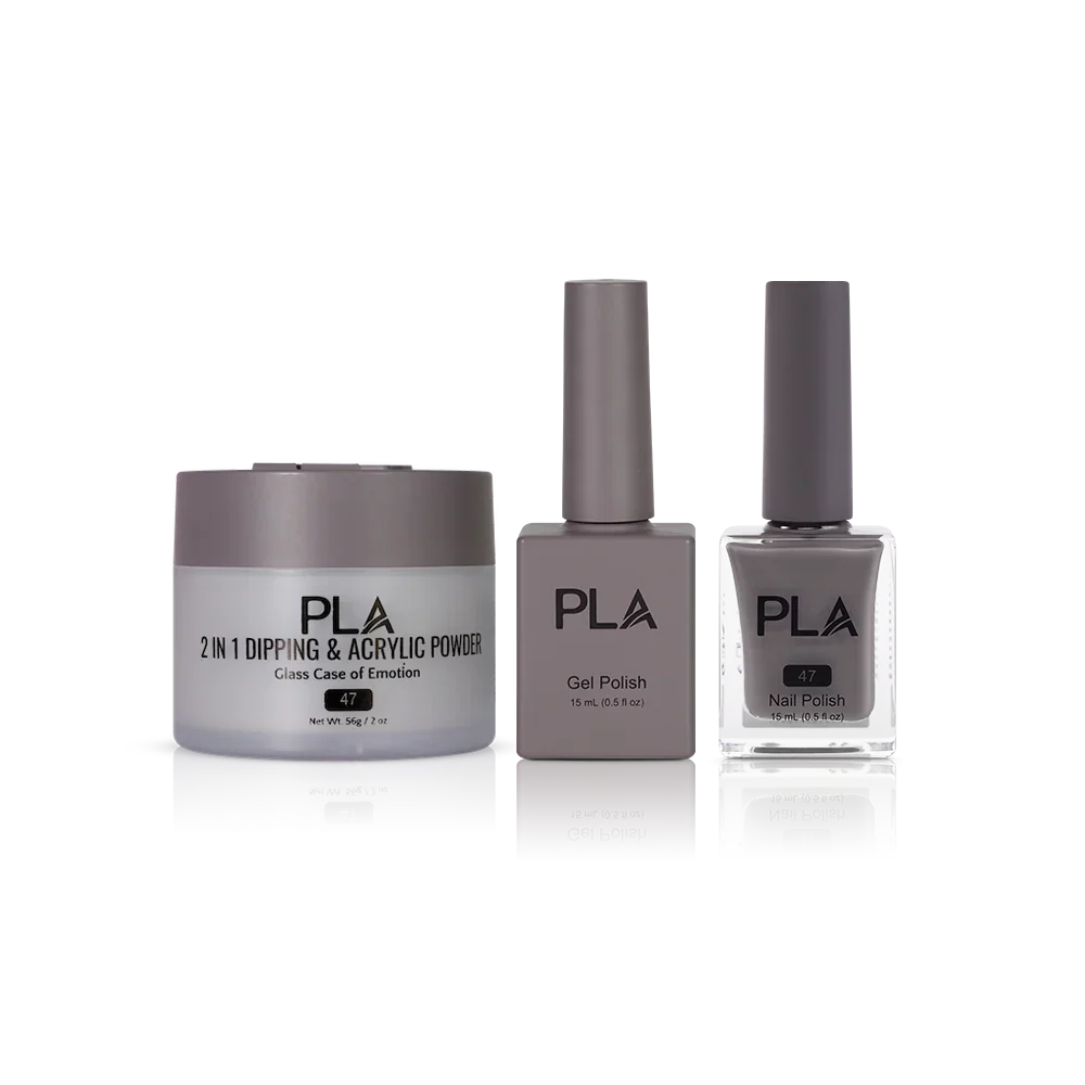 PLA Nail Trio Set (front view of gel polish, lacquer polish, and dip & acrylic powder jar)