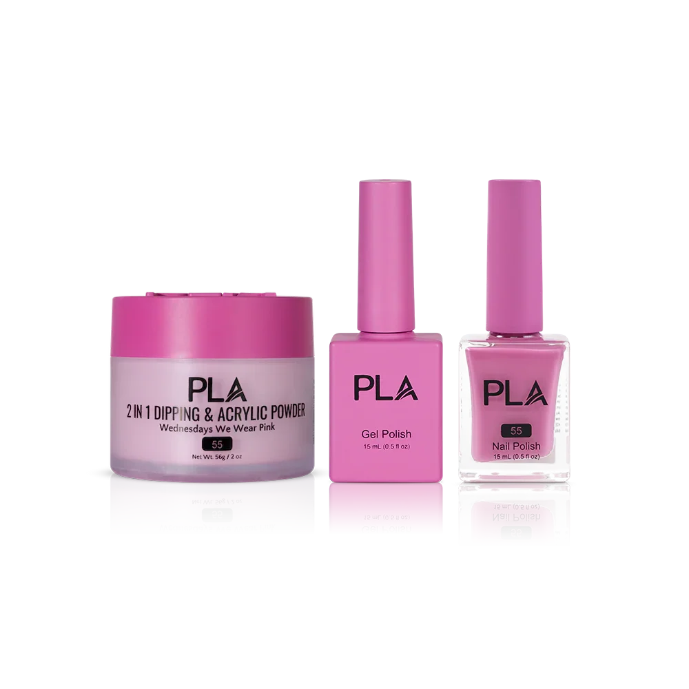 PLA Nail Trio Set (front view of gel polish, lacquer polish, and dip & acrylic powder jar)