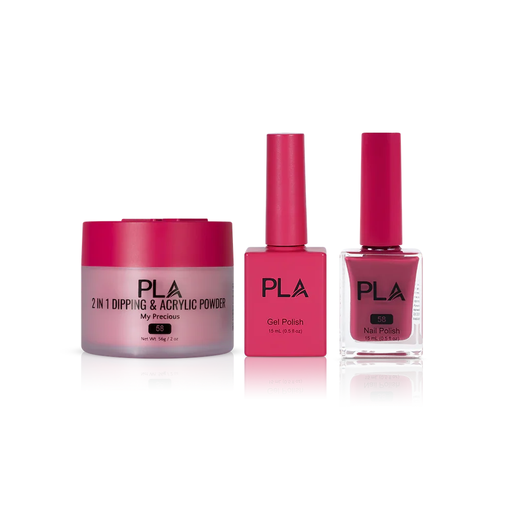 PLA Nail Trio Set (front view of gel polish, lacquer polish, and dip & acrylic powder jar)