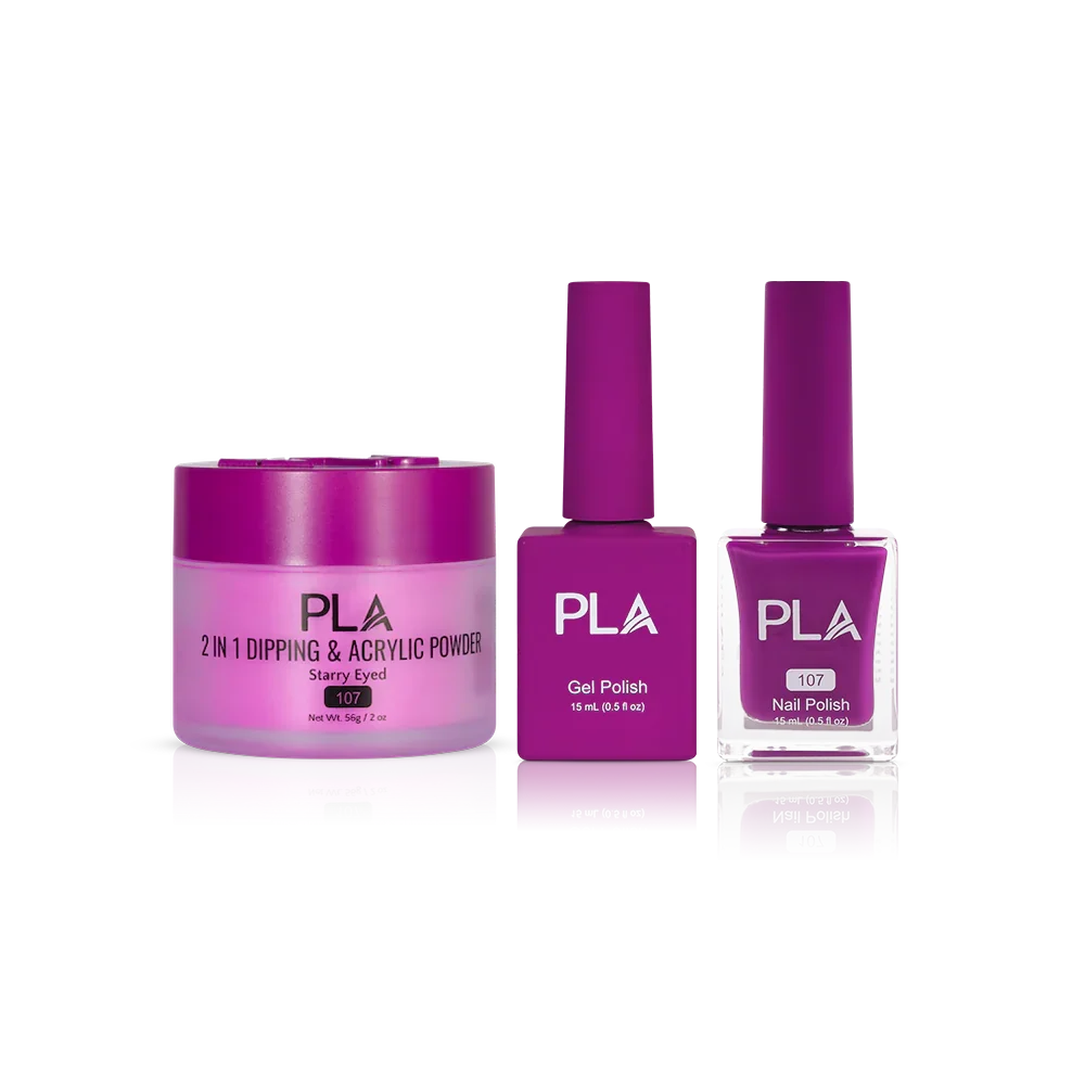 PLA Nail Trio Set (front view of gel polish, lacquer polish, and dip & acrylic powder jar)
