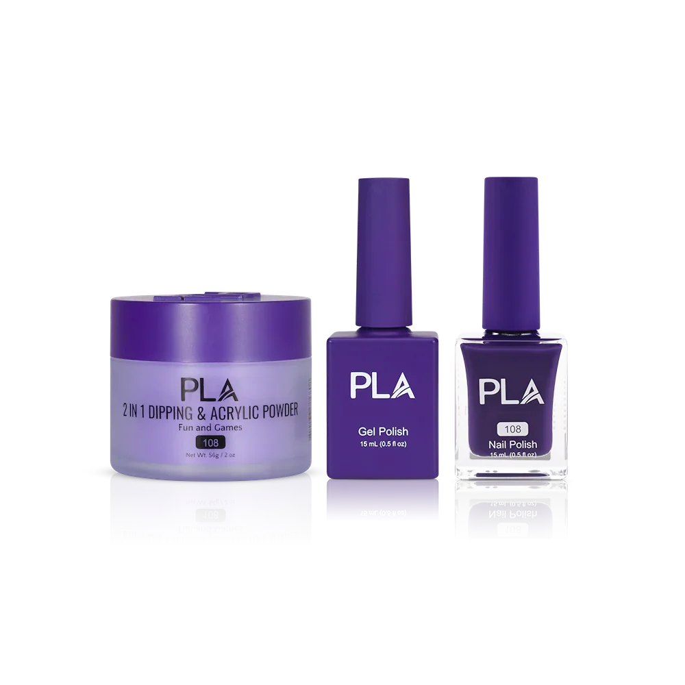 PLA Nail Trio Set (front view of gel polish, lacquer polish, and dip & acrylic powder jar)