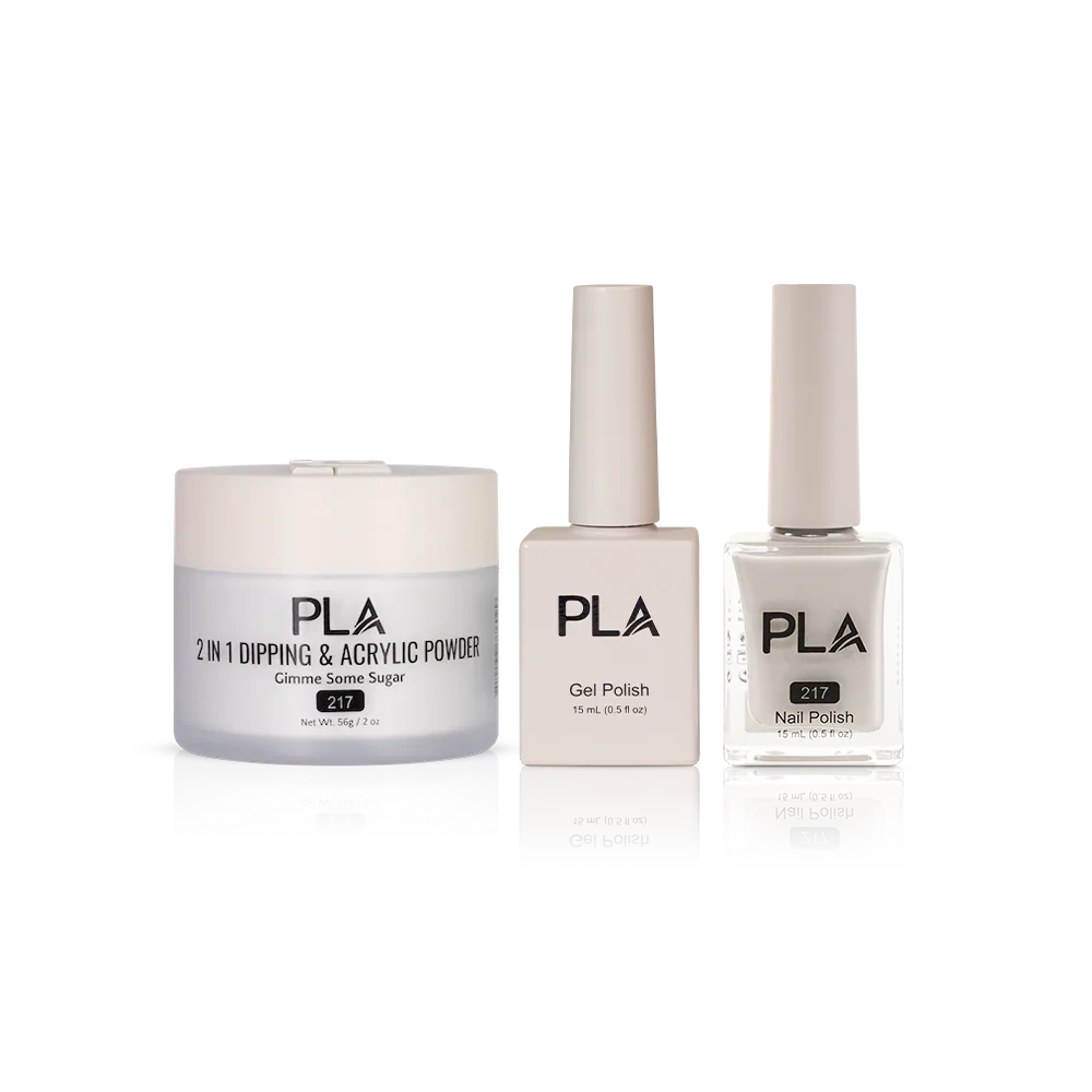 PLA Nail Trio Set (front view of gel polish, lacquer polish, and dip & acrylic powder jar)