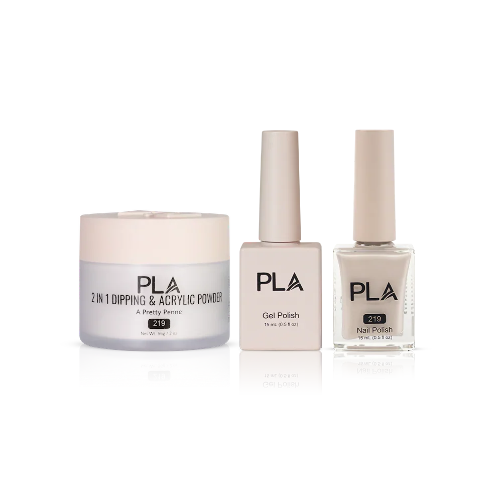 PLA Nail Trio Set (front view of gel polish, lacquer polish, and dip & acrylic powder jar)