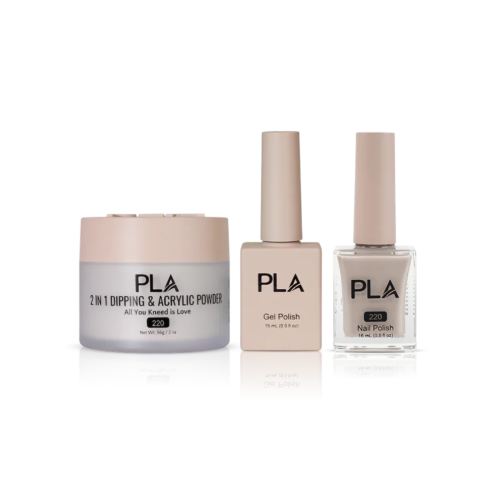 PLA Nail Trio Set (front view of gel polish, lacquer polish, and dip & acrylic powder jar)