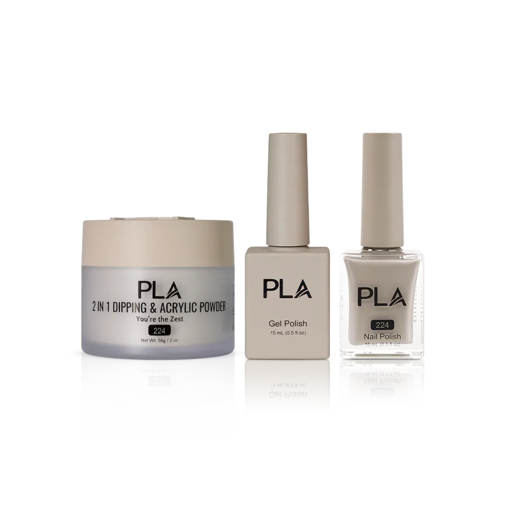 PLA Nail Trio Set (front view of gel polish, lacquer polish, and dip & acrylic powder jar)