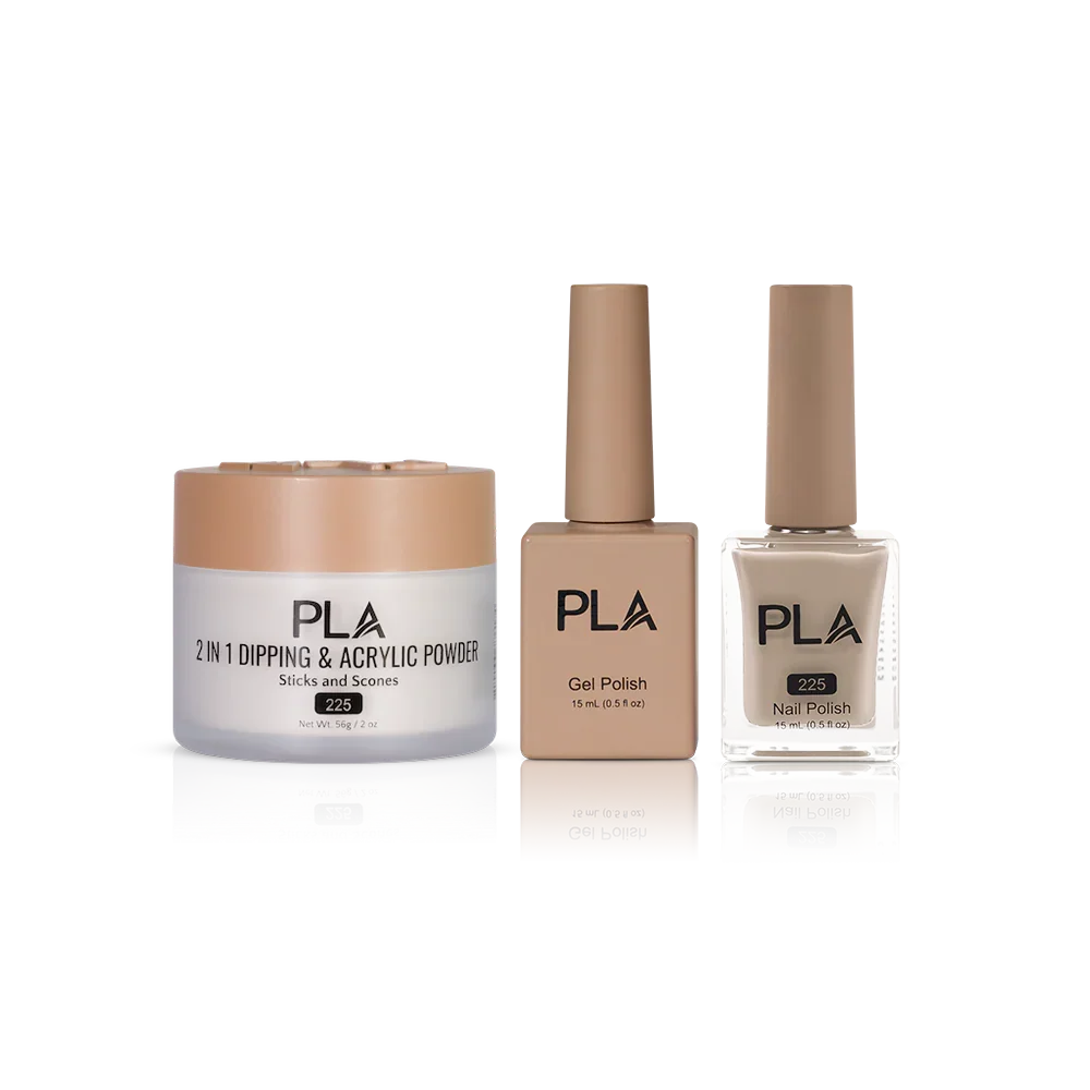 PLA Nail Trio Set (front view of gel polish, lacquer polish, and dip & acrylic powder jar)