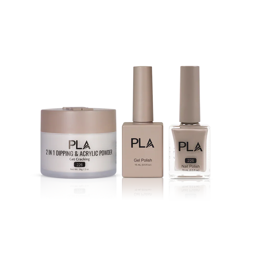 PLA Nail Trio Set (front view of gel polish, lacquer polish, and dip & acrylic powder jar)