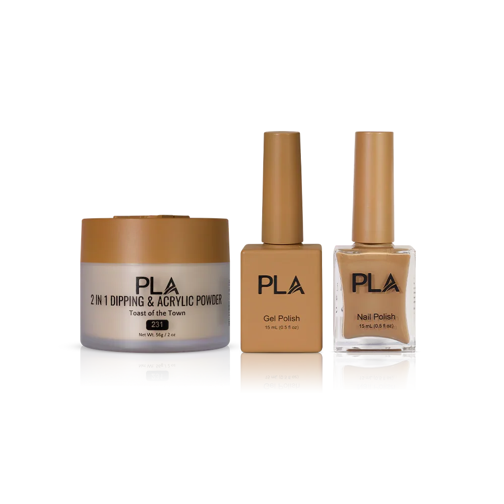 PLA Nail Trio Set (front view of gel polish, lacquer polish, and dip & acrylic powder jar)