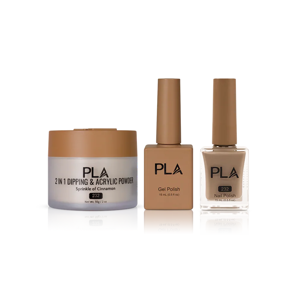 PLA Nail Trio Set (front view of gel polish, lacquer polish, and dip & acrylic powder jar)