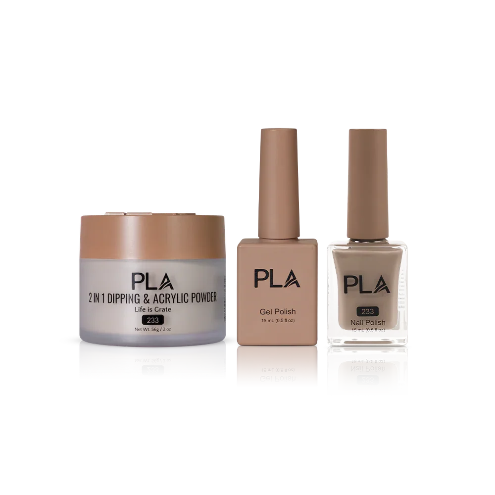 PLA Nail Trio Set (front view of gel polish, lacquer polish, and dip & acrylic powder jar)