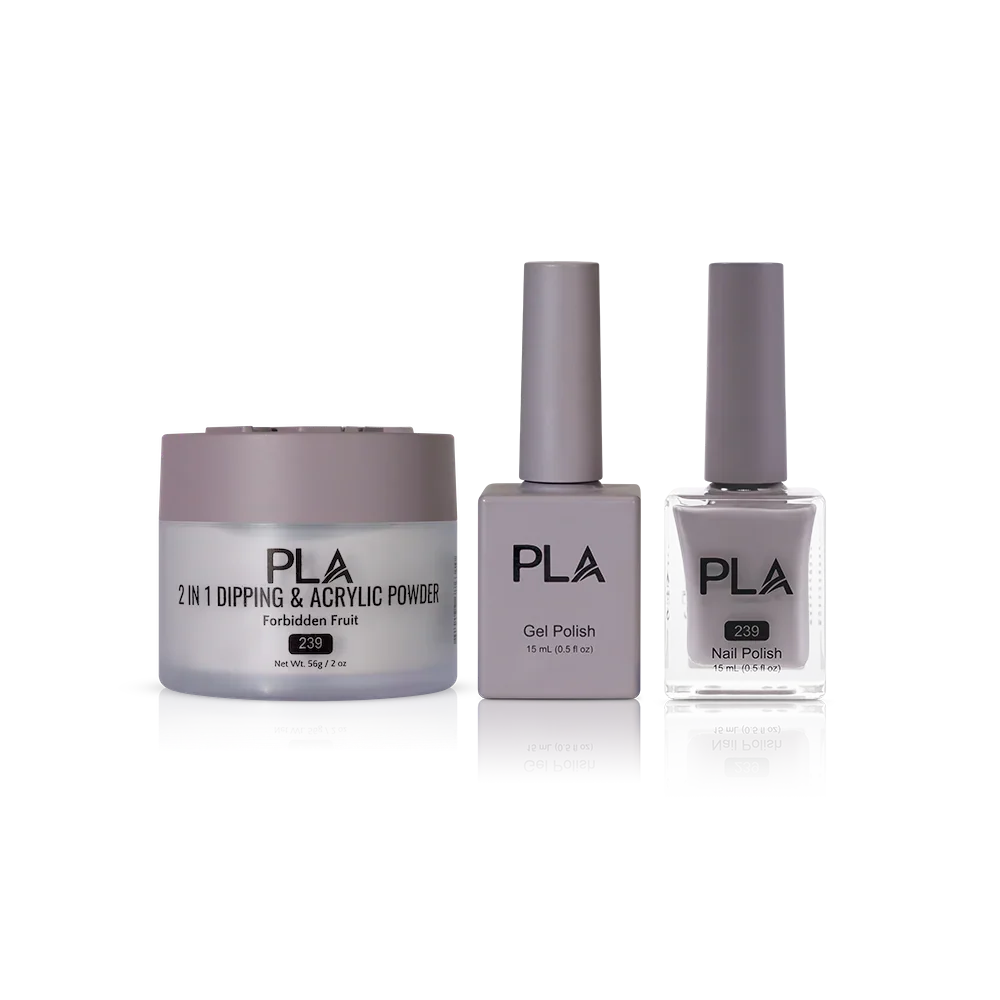 PLA Nail Trio Set (front view of gel polish, lacquer polish, and dip & acrylic powder jar)