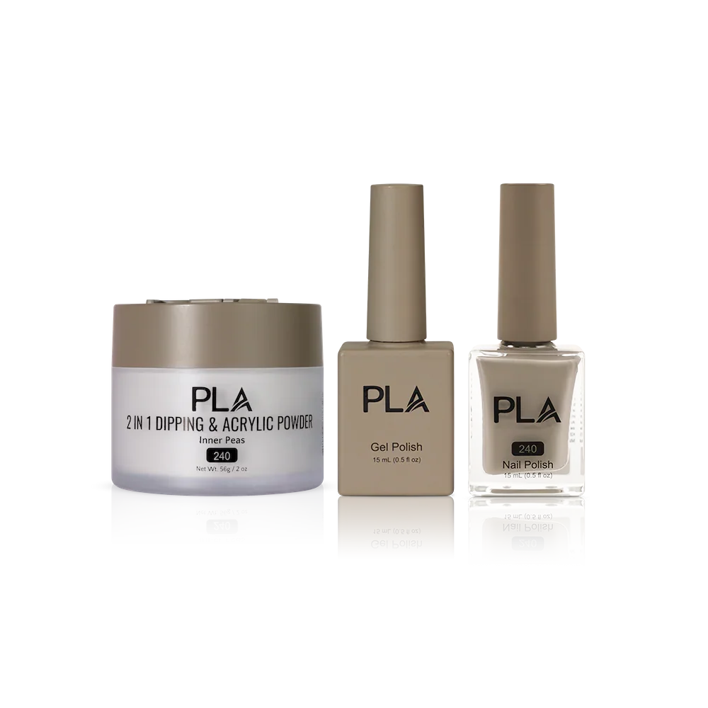 PLA Nail Trio Set (front view of gel polish, lacquer polish, and dip & acrylic powder jar)