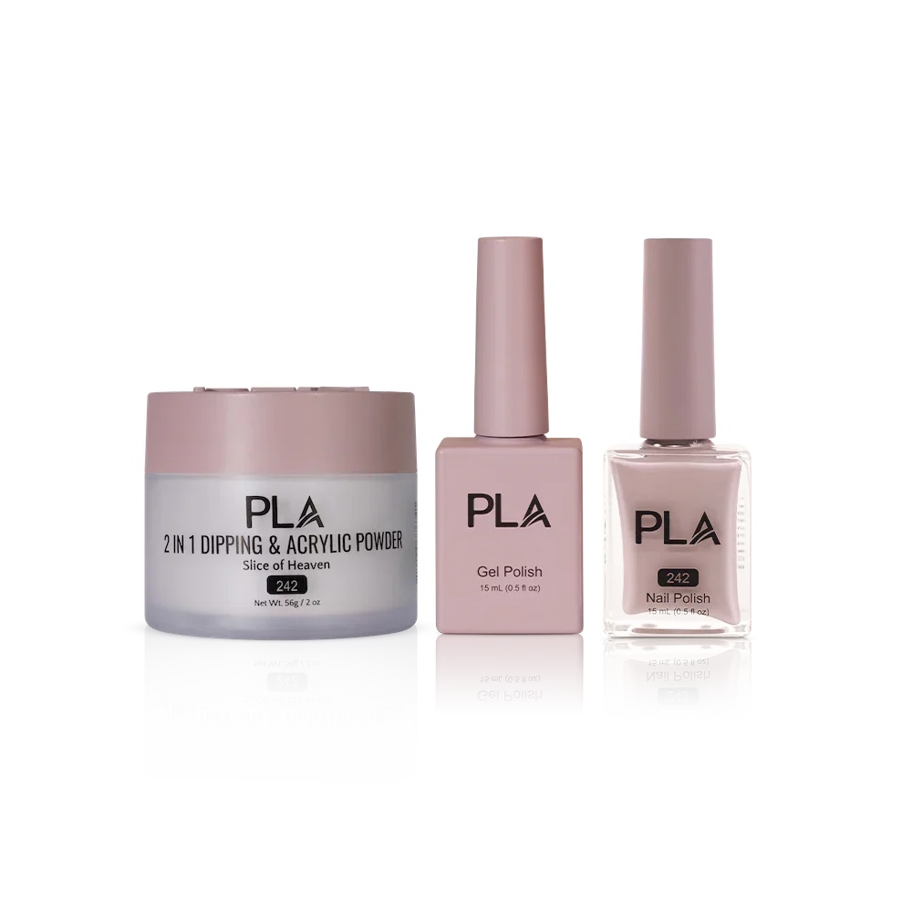 PLA Nail Trio Set (front view of gel polish, lacquer polish, and dip & acrylic powder jar)