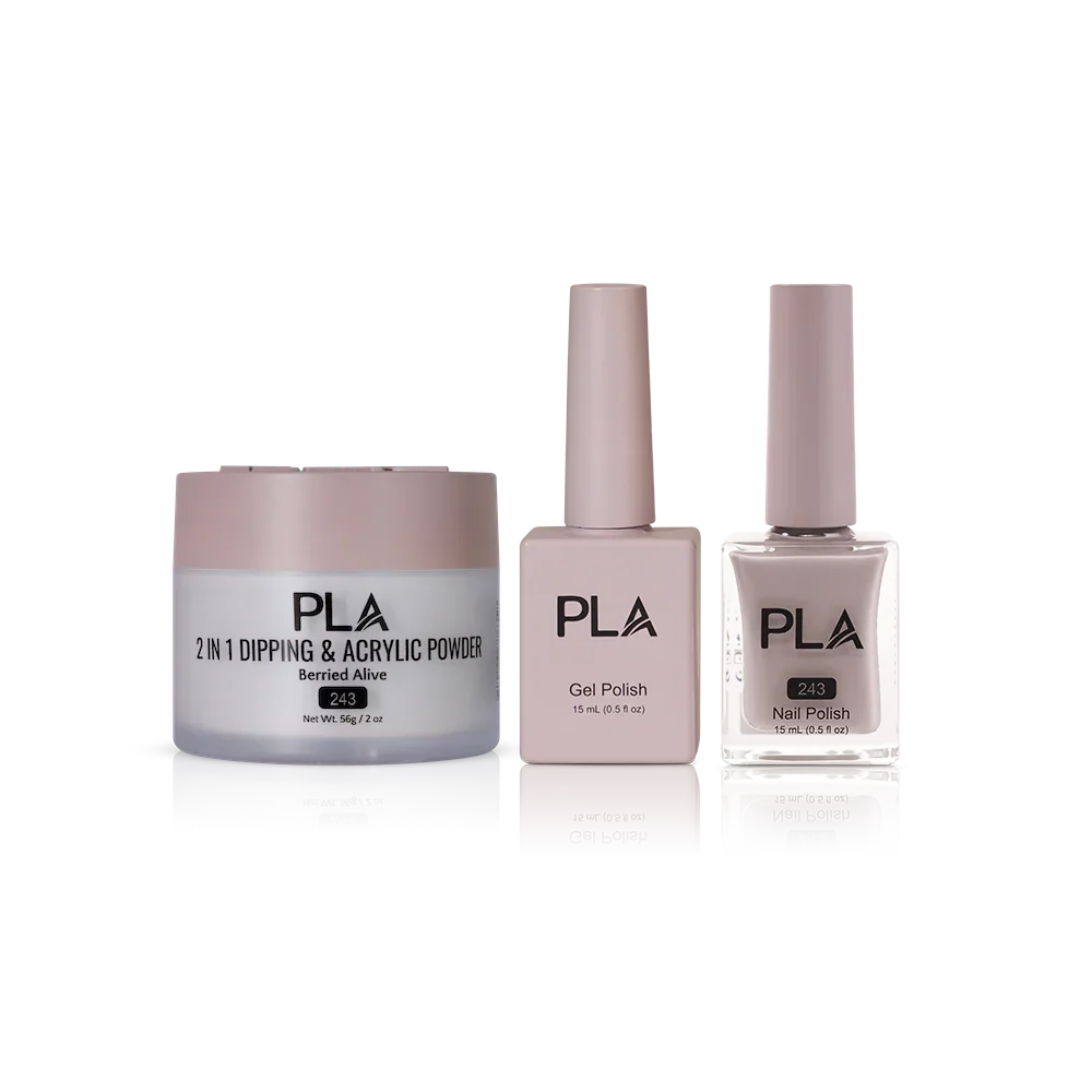PLA Nail Trio Set (front view of gel polish, lacquer polish, and dip & acrylic powder jar)