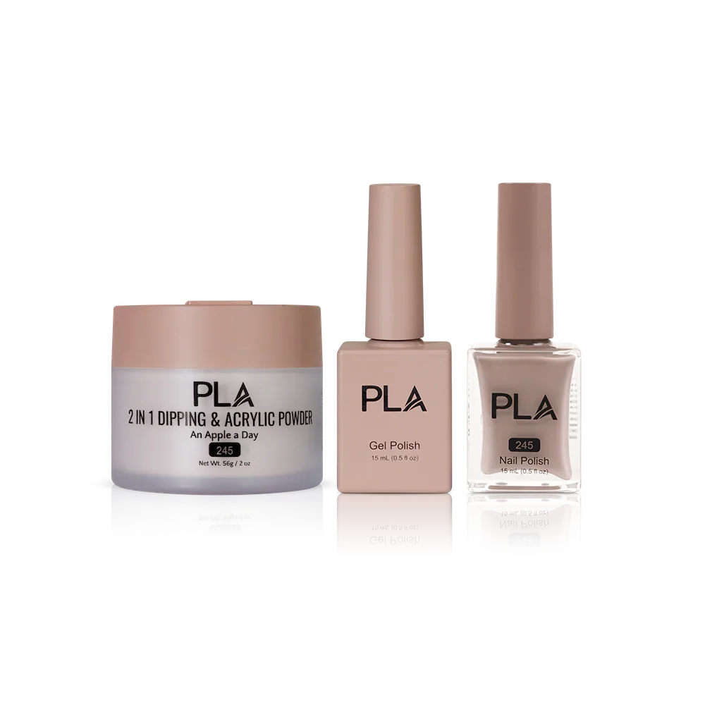 PLA Nail Trio Set (front view of gel polish, lacquer polish, and dip & acrylic powder jar)