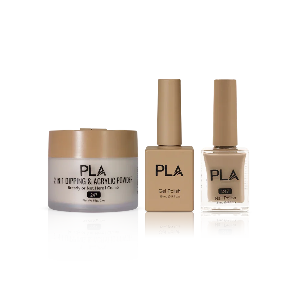 PLA Nail Trio Set (front view of gel polish, lacquer polish, and dip & acrylic powder jar)
