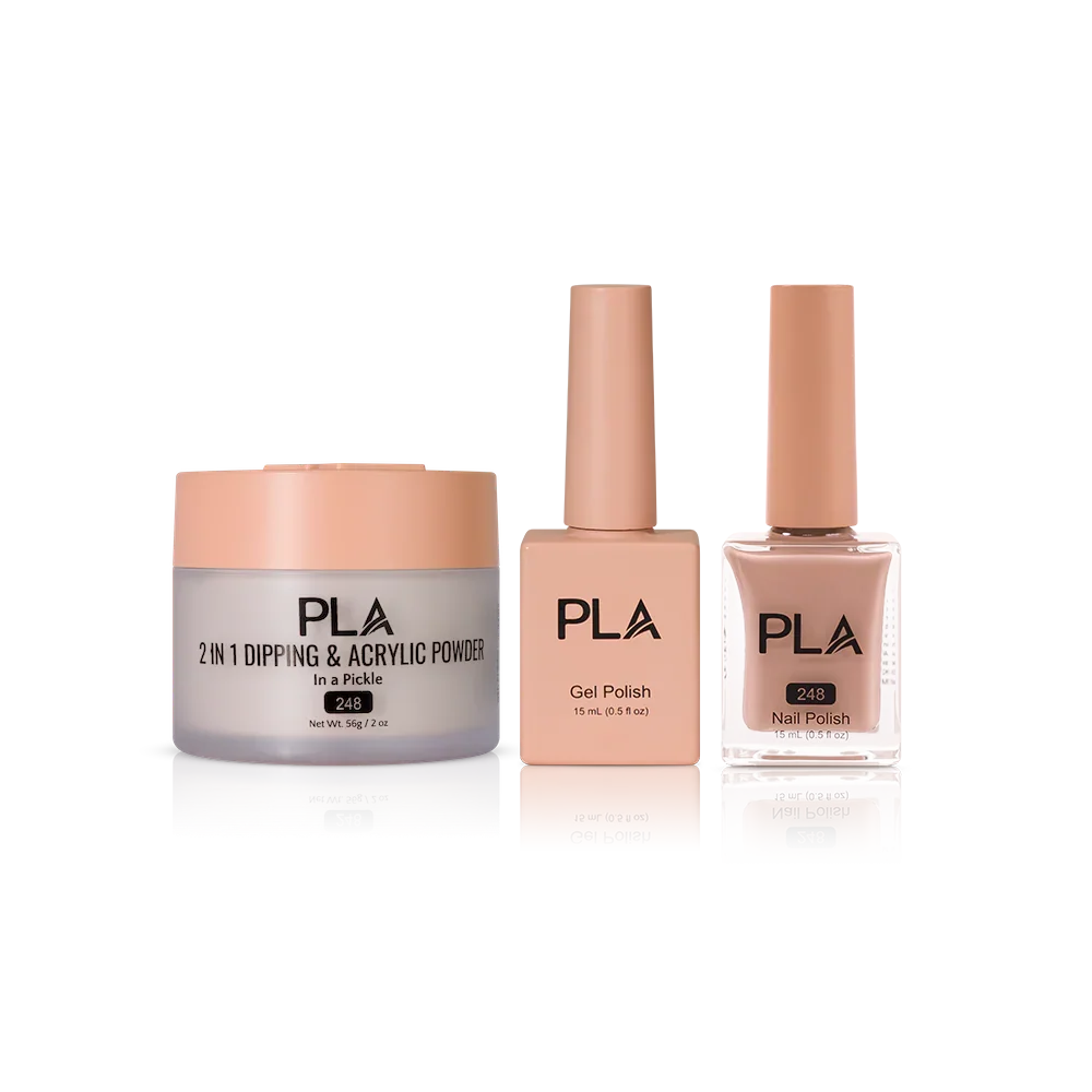 PLA Nail Trio Set (front view of gel polish, lacquer polish, and dip & acrylic powder jar)