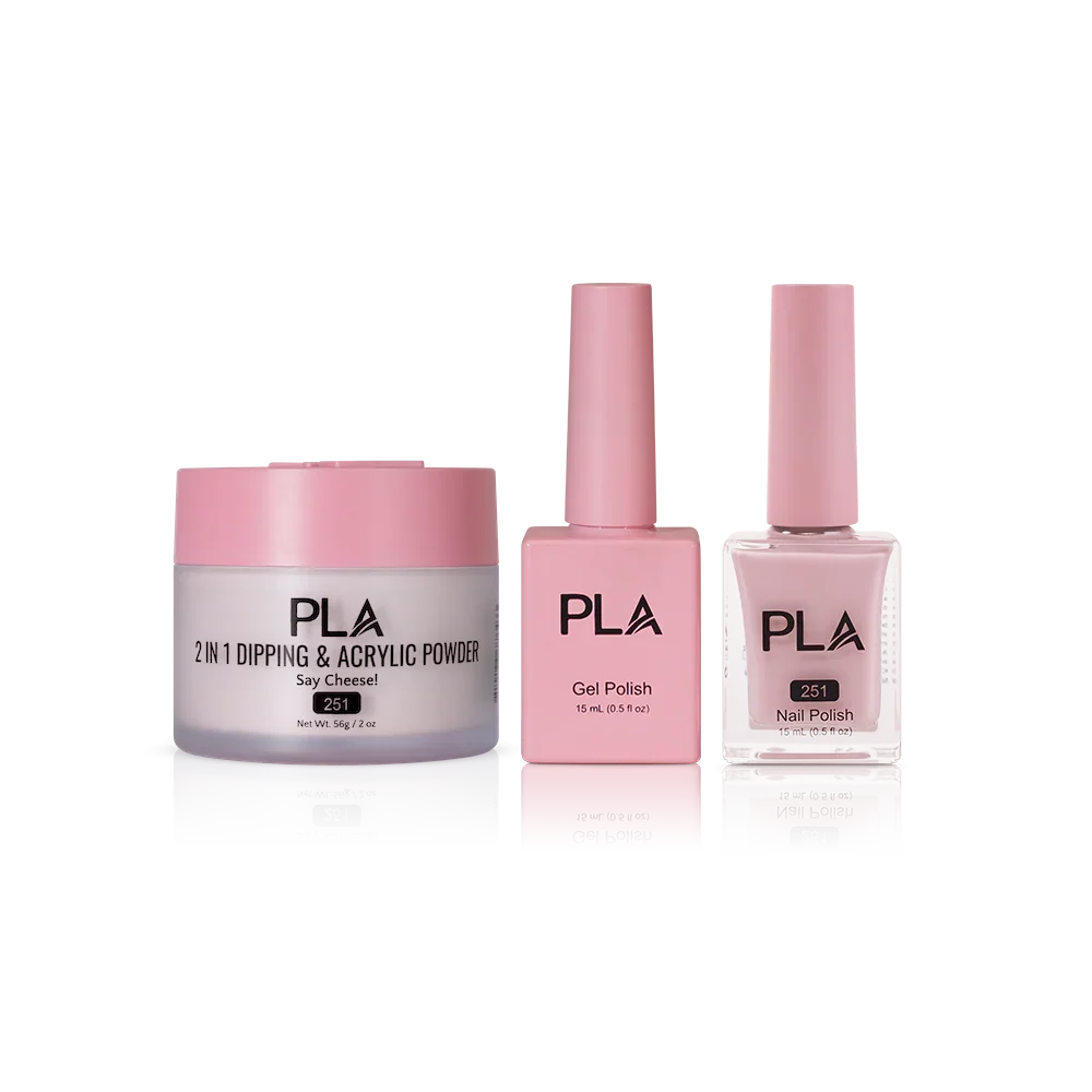 PLA Nail Trio Set (front view of gel polish, lacquer polish, and dip & acrylic powder jar)