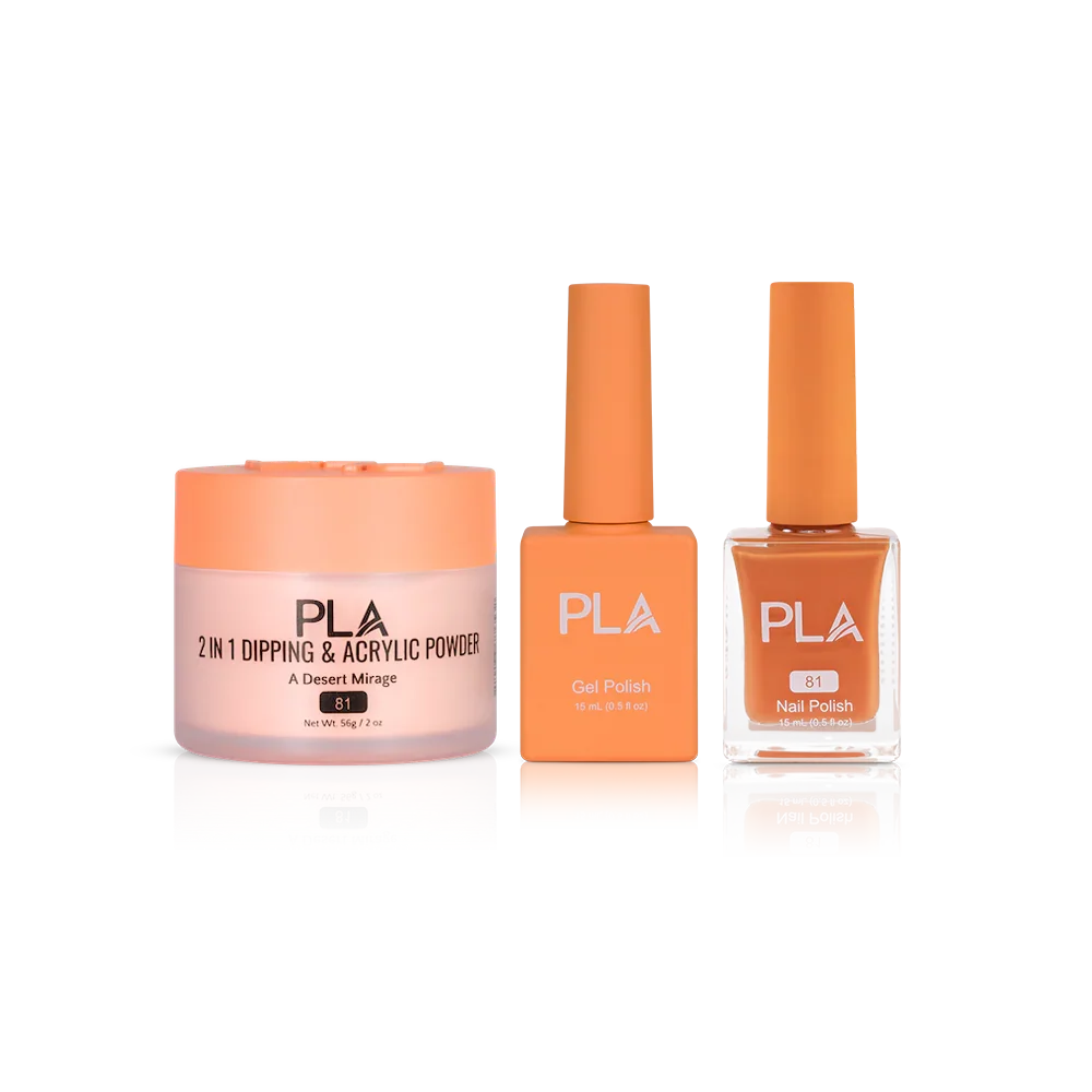 PLA Nail Trio Set (front view of gel polish, lacquer polish, and dip & acrylic powder jar)