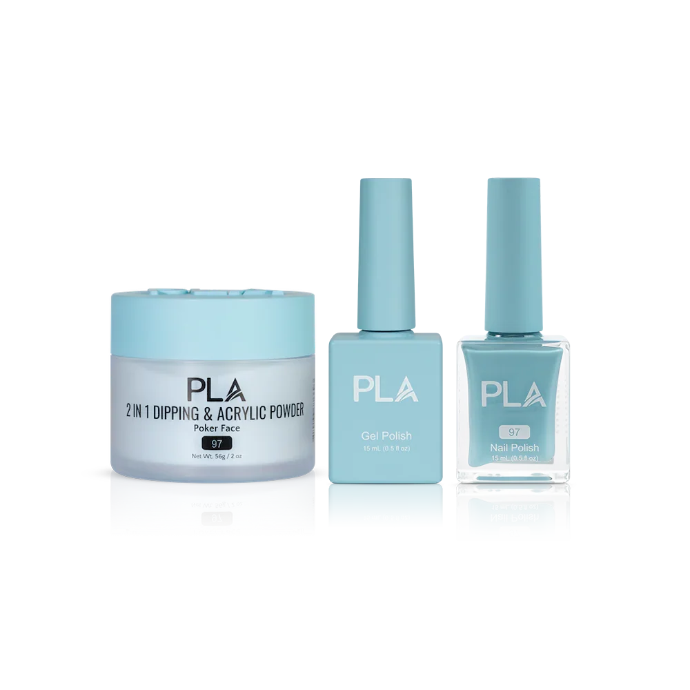 PLA Nail Trio Set (front view of gel polish, lacquer polish, and dip & acrylic powder jar)