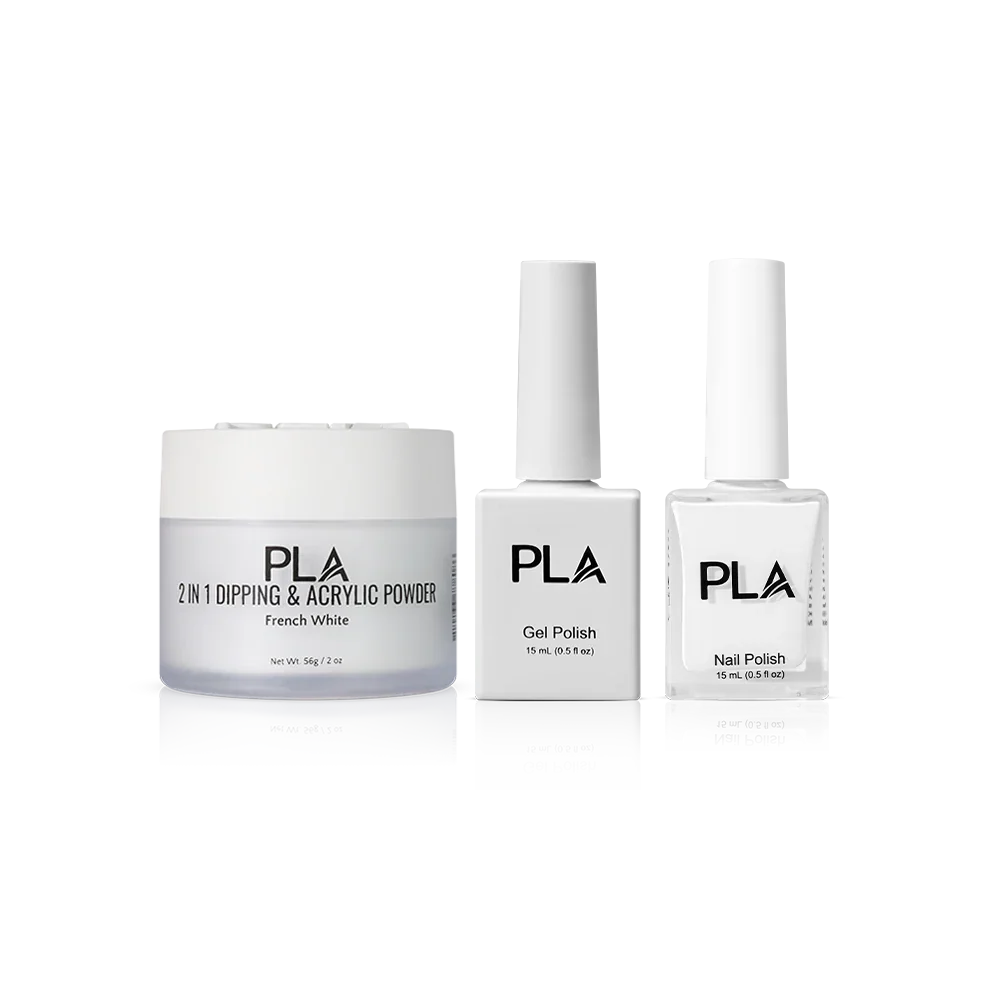 PLA Nail Trio Set (front view of gel polish, lacquer polish, and dip & acrylic powder jar)