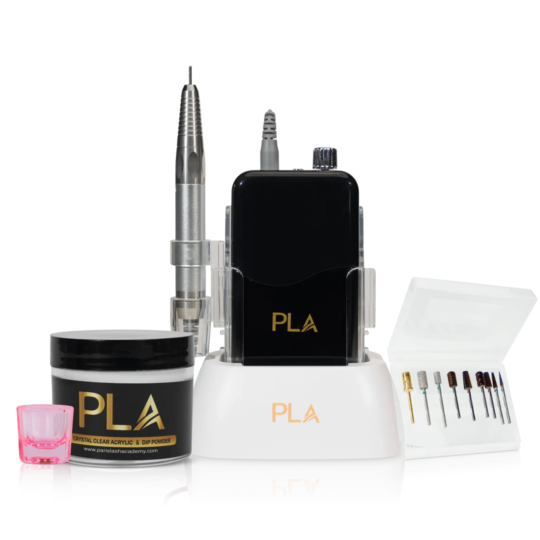 PLA Acrylic Nail Kit (photo of the entire kit, front view of the individual items included - Dappen Dish, Acrylic Powder, Nail Drill, Master Bit Kit)