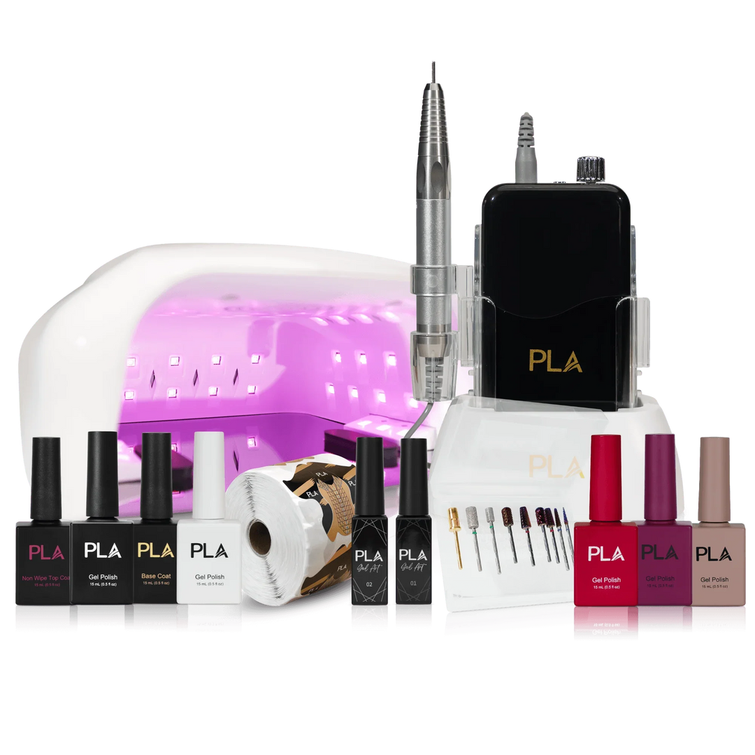PLA Complete Nail Supply Kit (photo of the entire kit, front view of the individual items included - UV Light, Top and Base Coat, Jet Black Gel Polish, French White Gel Polish, Large Nail Forms, Black Gel Liner, White Gel Liner, Master Bit Kit, Nail Drill, Fashionably Light Gel Polish, How to Lose a Guy in 10 Shades Gel Polish, Ridiculously Good Looking Gel Polish)