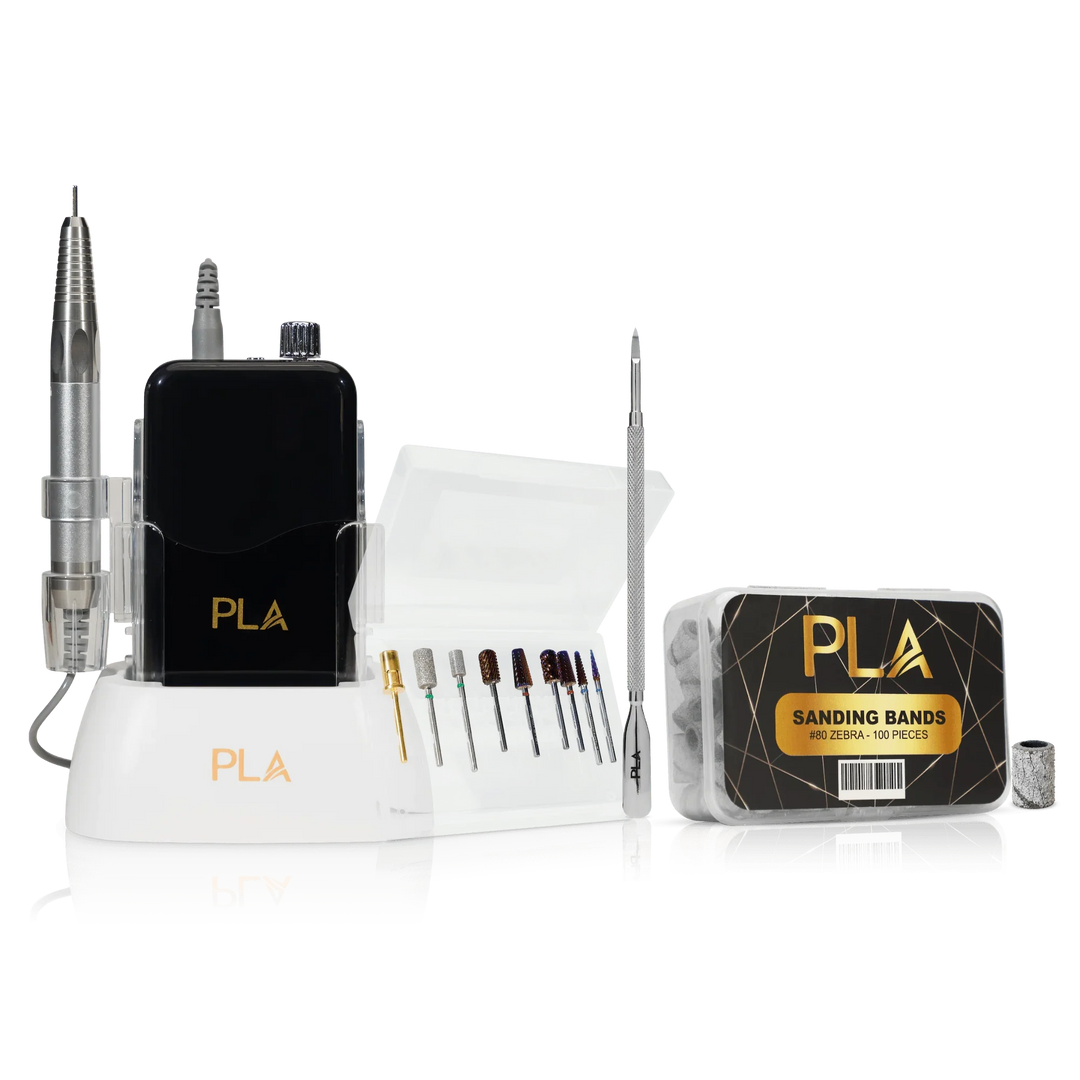 PLA Nail Drill Kit (photo of the entire kit, front view of Nail Drill, Master Bit Kit, Cuticle Pusher, and Sanding Bands)