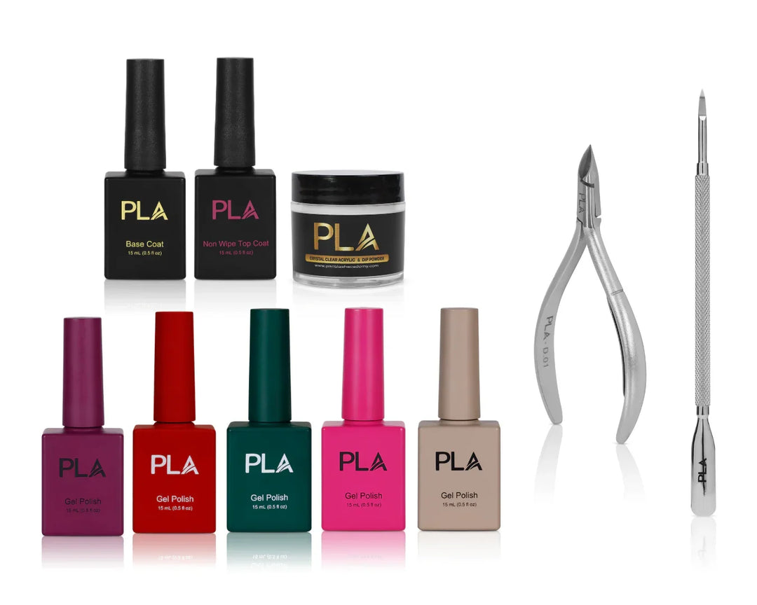 Nail Kit For Beginners - PLA Manicure Kit (front of must have polish bottles, top and base coat, acrylic powder jar, nipper, and cuticle pusher)