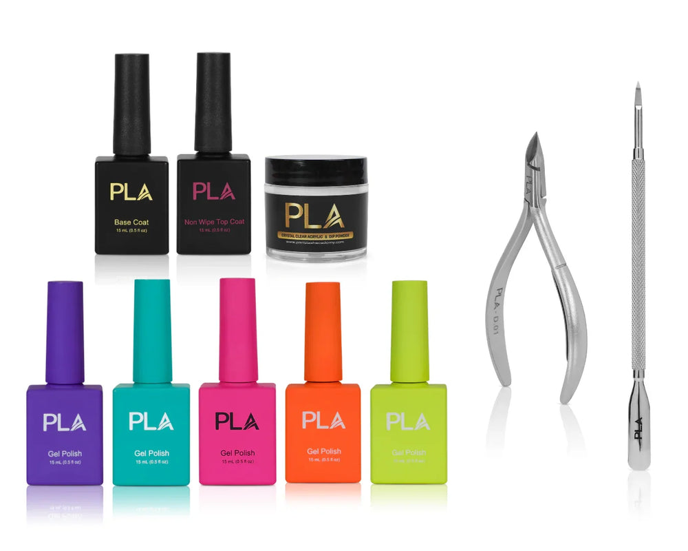 Nail Kit For Beginners - PLA Manicure Kit (front of vivid polish bottles, top and base coat, acrylic powder jar, nipper, and cuticle pusher)