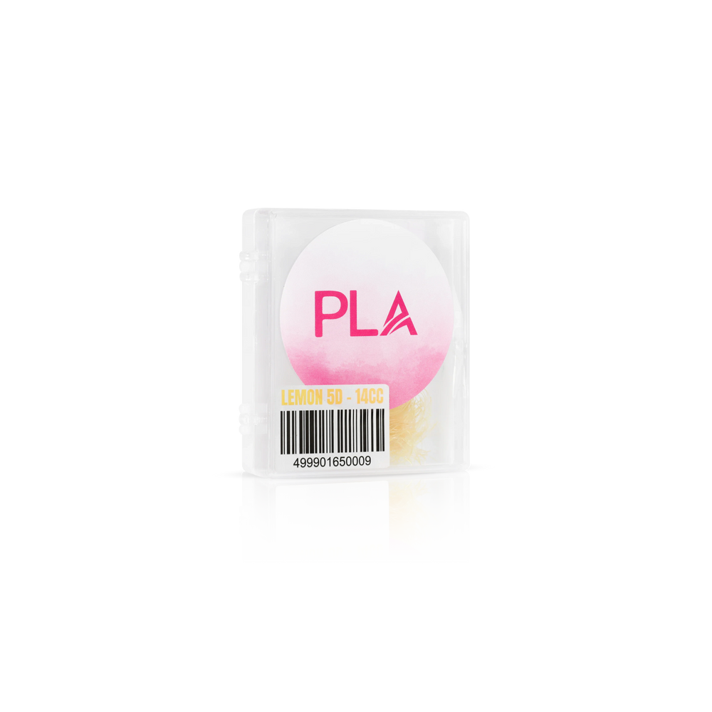 PLA Lemon Lashes — Loose Fans (front view of lash tray, side view of lashes in an open tray)