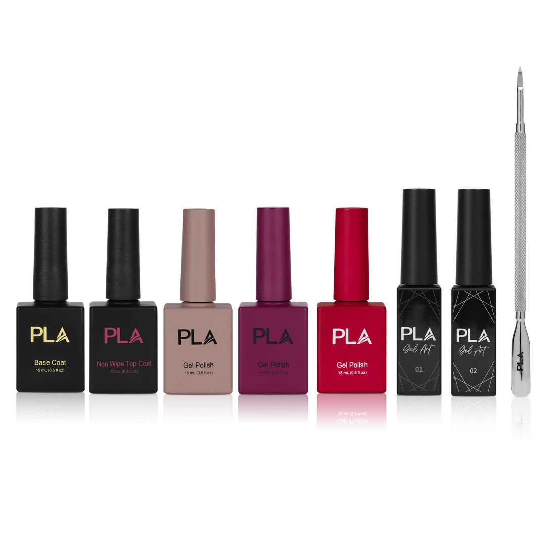 Beginner Nail Kit from PLA (photo of the entire kit, view of the individual items included - Base and Non Wipe Top Coat, Fashionably Light Gel Polish, Ridiculously Good Looking Gel Polish, How to Lose a Guy in 10 Shades Gel Polish, Black Gel Liner, White Gel Liner, Cuticle Pusher)