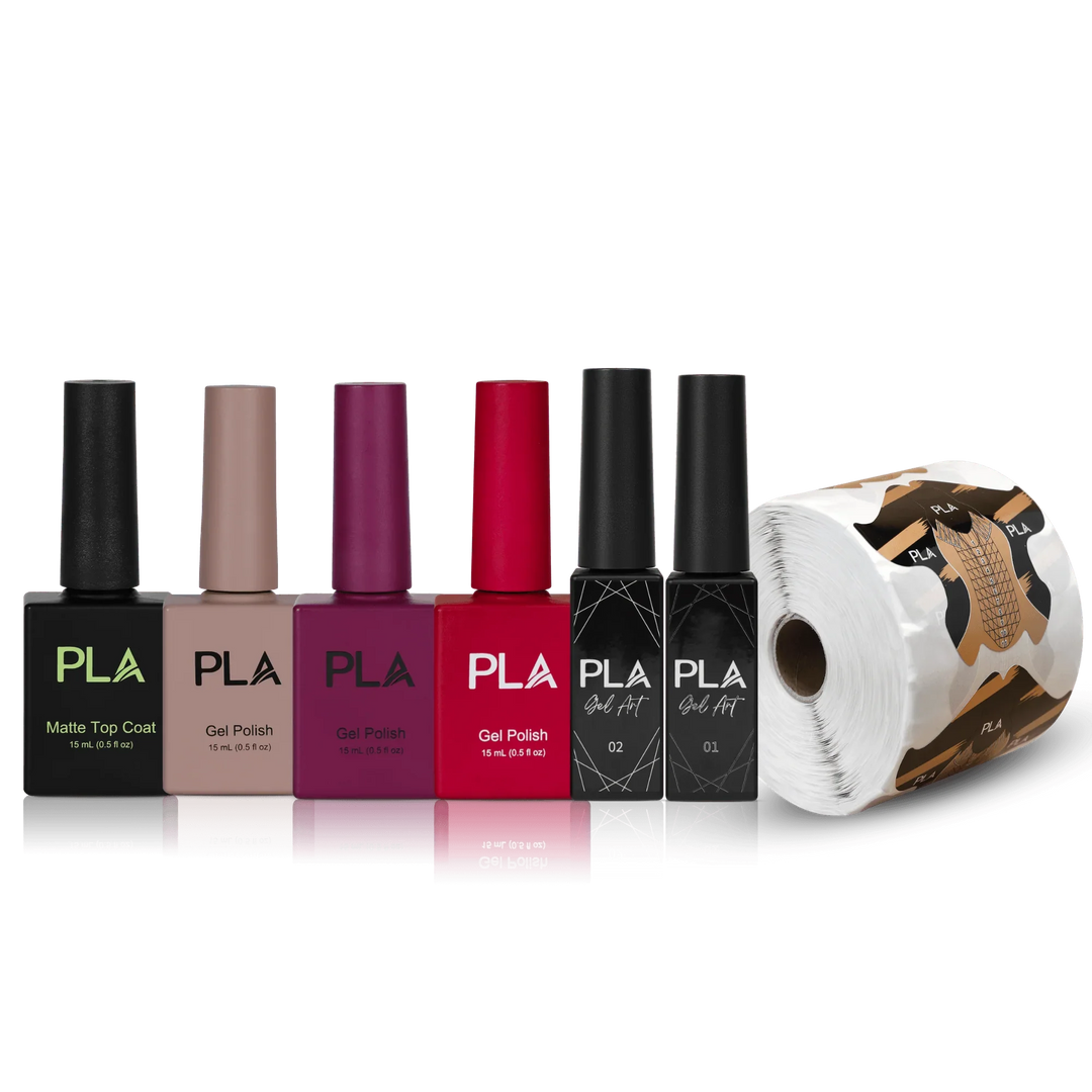PLA Style Nail Kit (photo of the entire kit, front view of the individual items included - Matte Top Coat, Fashionably Light Gel Polish, Ridiculously Good Looking Gel Polish, How to Lose a Guy in 10 Shades Gel Polish, White Gel Liner, Black Gel Liner, Large Nail Forms)