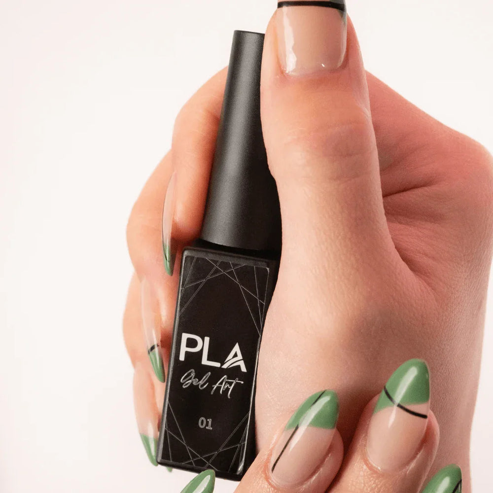 Nail set using PLA Gel Liners from Paris Lash Academy (green and black line nail set, front view holding bottle)