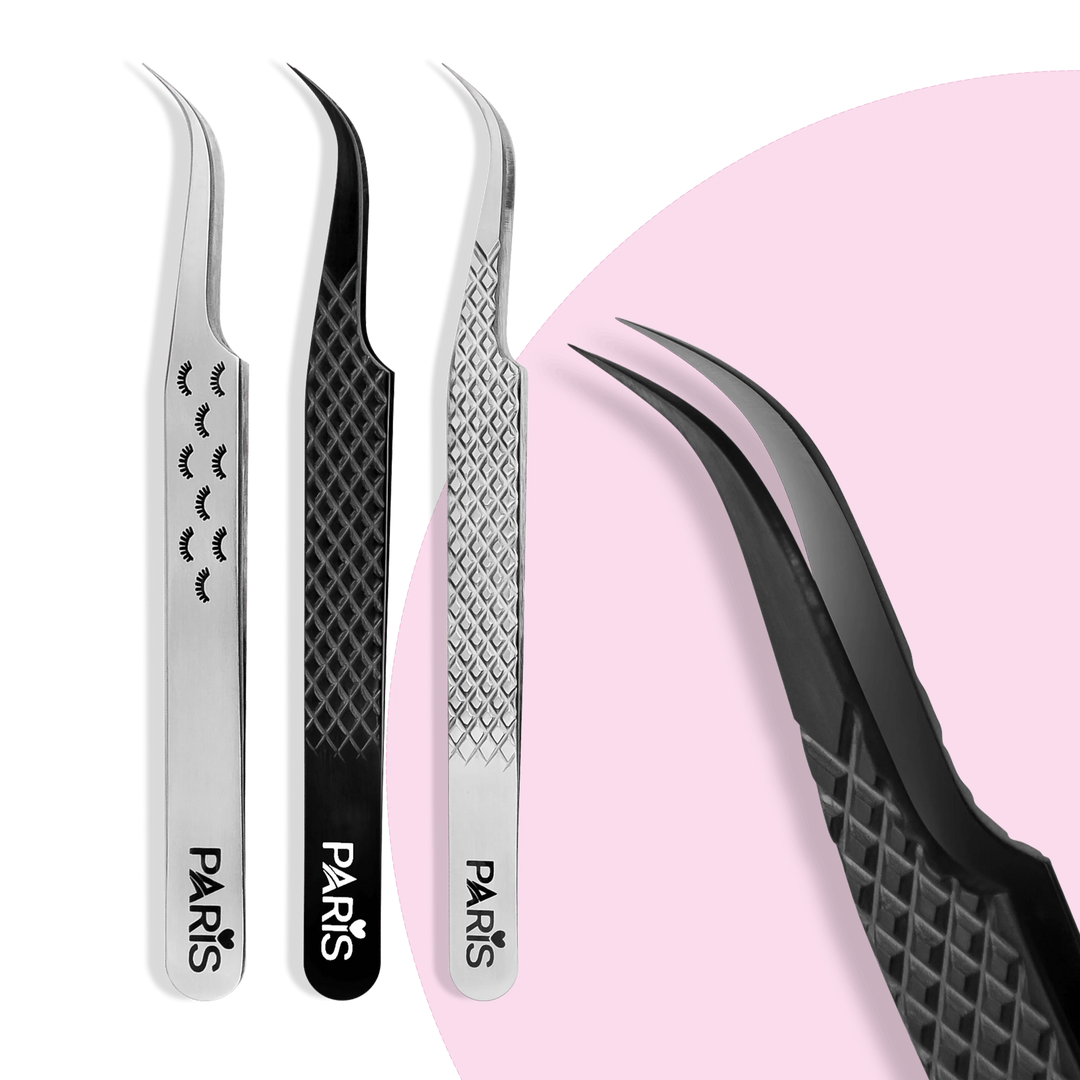 PLA P6 Ultimate Volume Tweezers (front view of three tweezers, close up view of the tip)