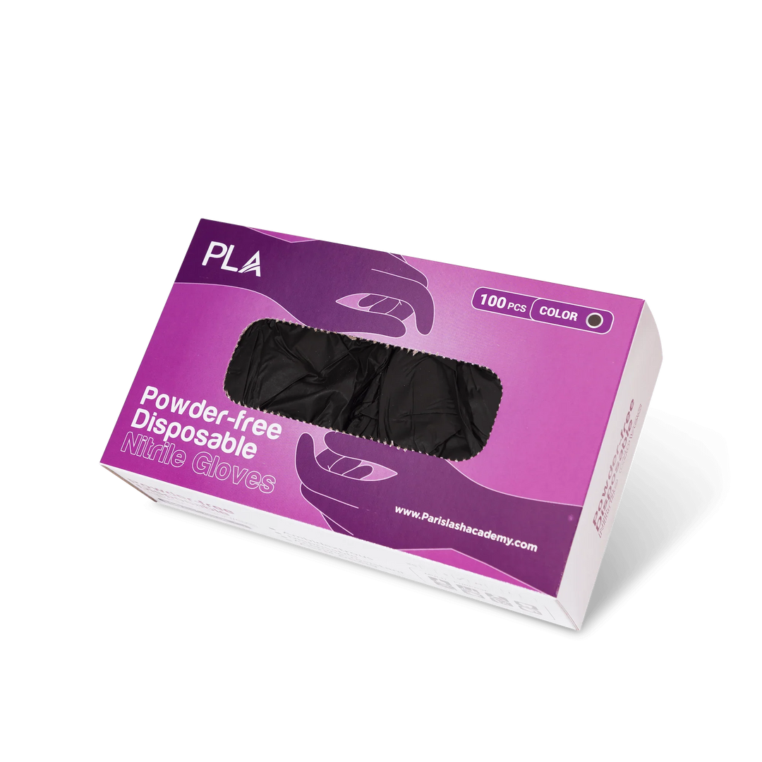 Nitrile Disposable Gloves from PLApro: Black (front view of box and gloves in box)