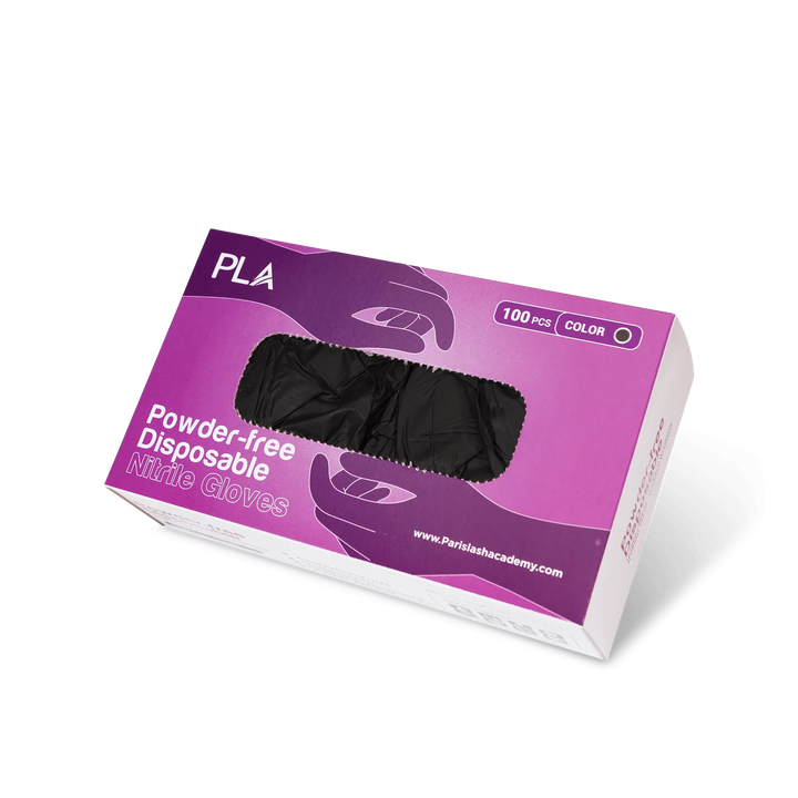 Nitrile Disposable Gloves from PLApro: Black (front view of box and gloves in box)