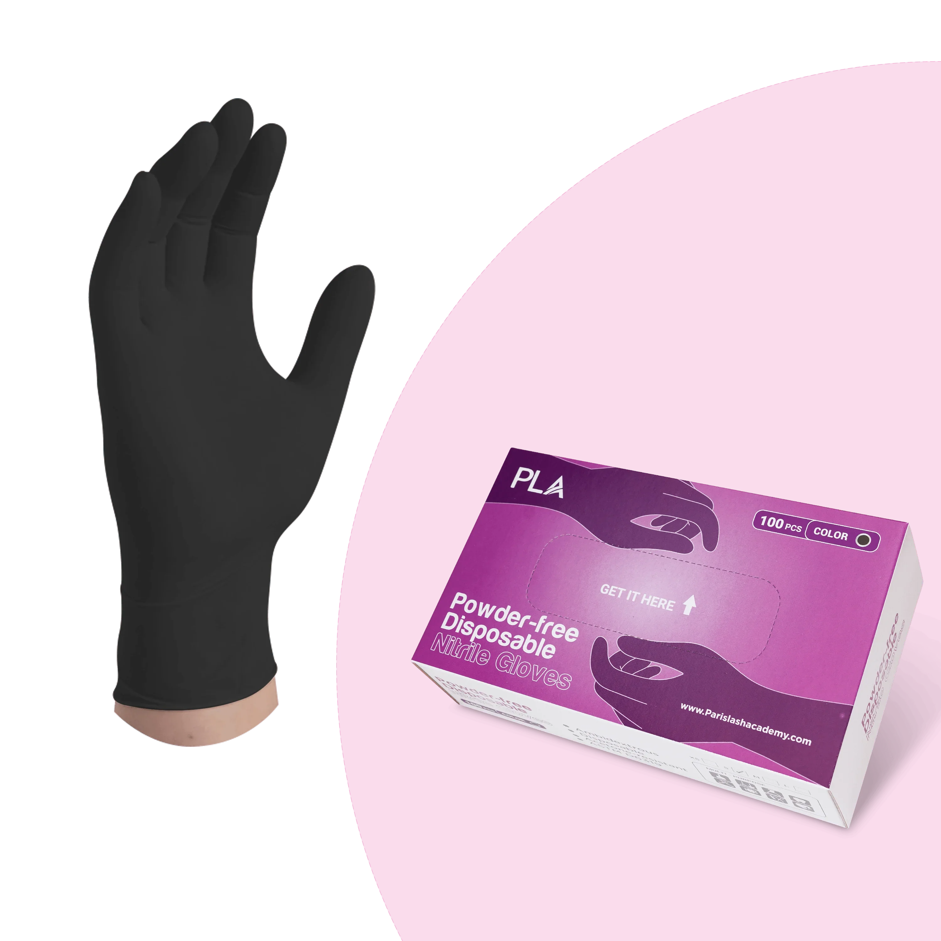 Nitrile Disposable Gloves from PLApro: Black (front view of box and gloves worn on a hand)