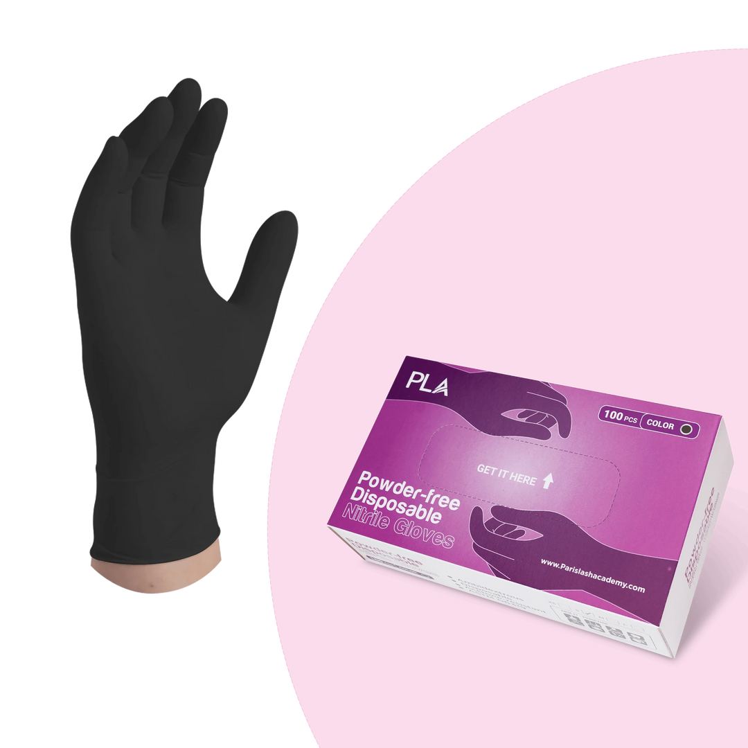 Nitrile Disposable Gloves from PLApro: Black (front view of box and gloves worn on a hand)