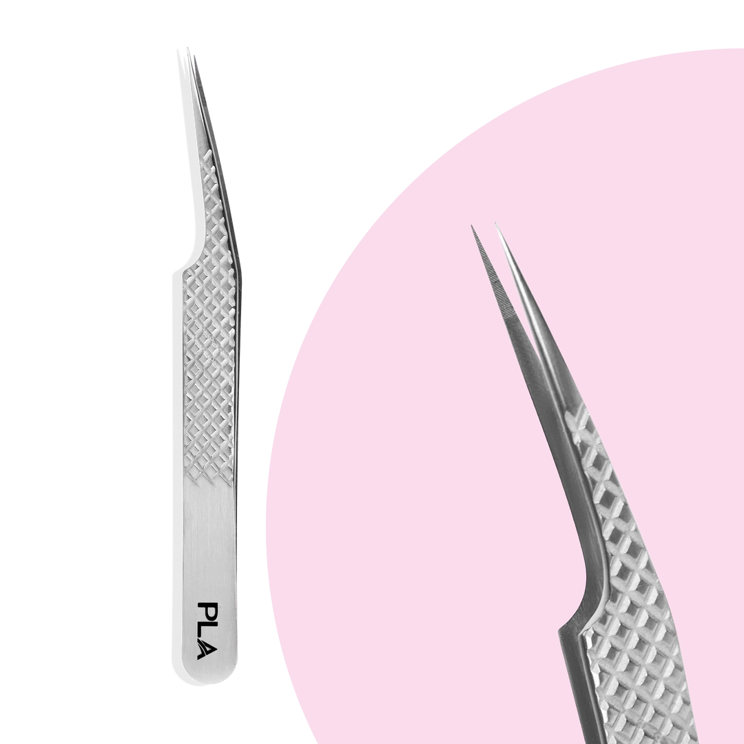 Fiber tip lash tweezers from Paris Lash Academy: Straight Tweezer, Regular 12cm (back view and close up view of the tip)