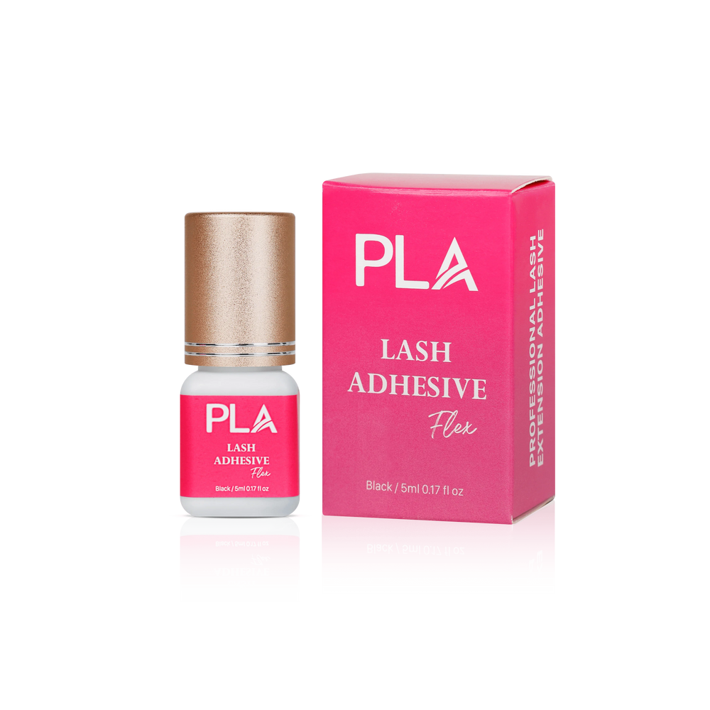 Lash Adhesive from Paris Lash Academy: Flex (5mL). Front view of box , Front view of adhesive bottle