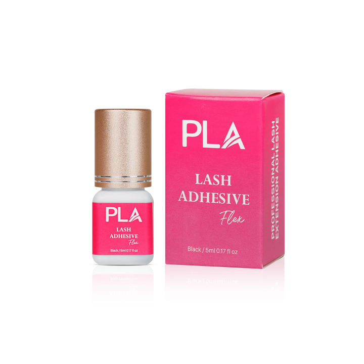 Lash Adhesive from Paris Lash Academy: Flex (5mL). Front view of box , Front view of adhesive bottle