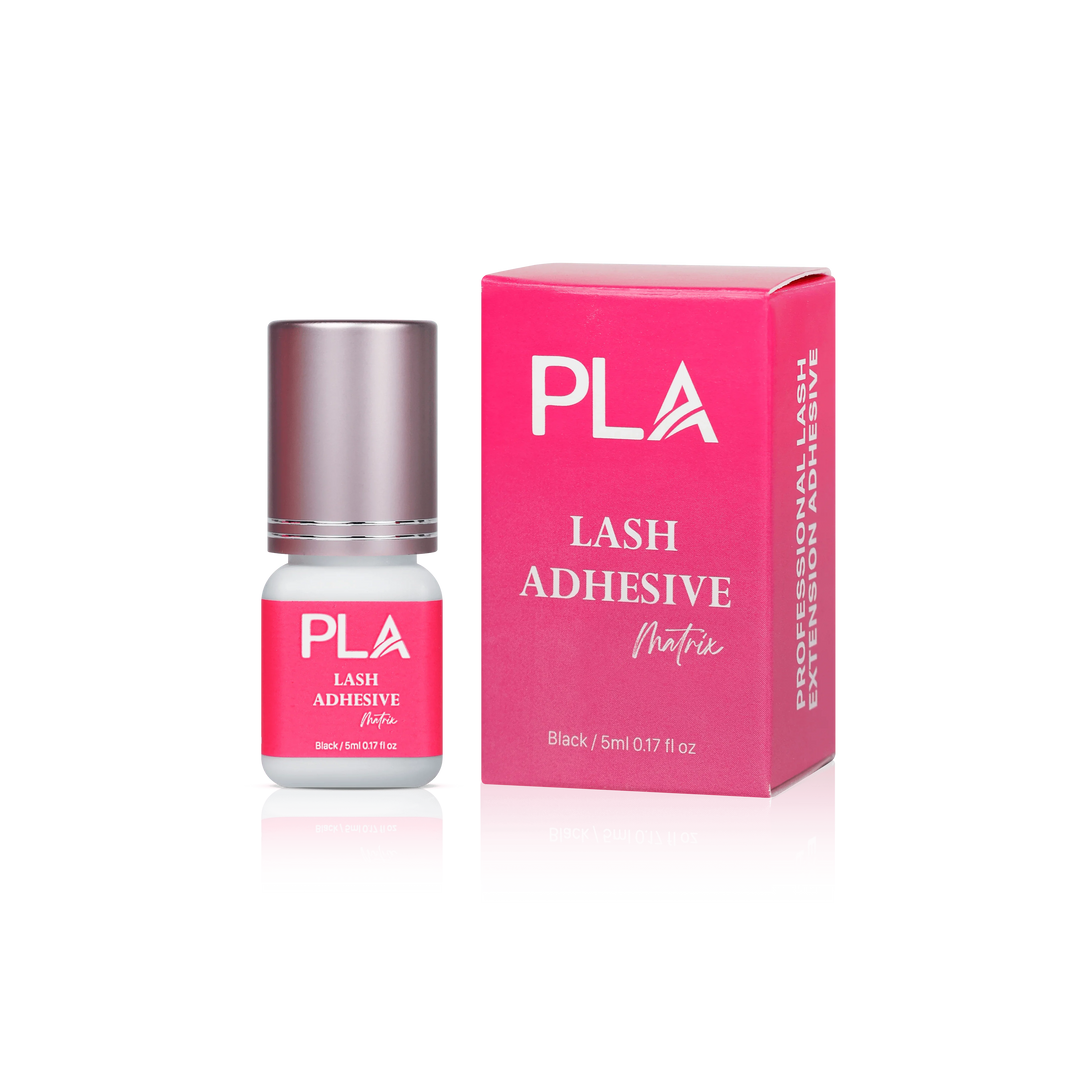 Lash Adhesive from Paris Lash Academy: Matrix (5mL). Front view of box , Front view of adhesive bottle