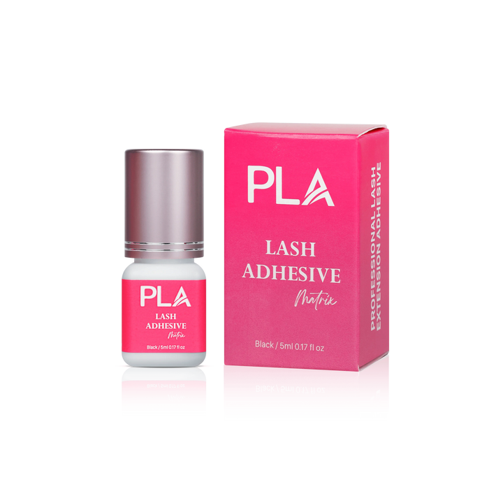 Lash Adhesive from Paris Lash Academy: Matrix (5mL). Front view of box , Front view of adhesive bottle