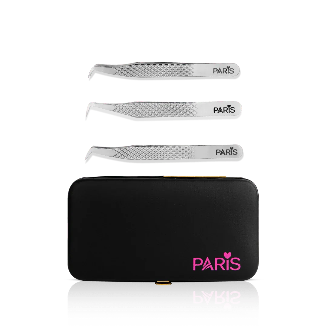 Mini Tweezer Set from Paris Lash Academy: The Triple Boot, P3, P8, P10 (front view of tweezers and magnetic tweezer case)