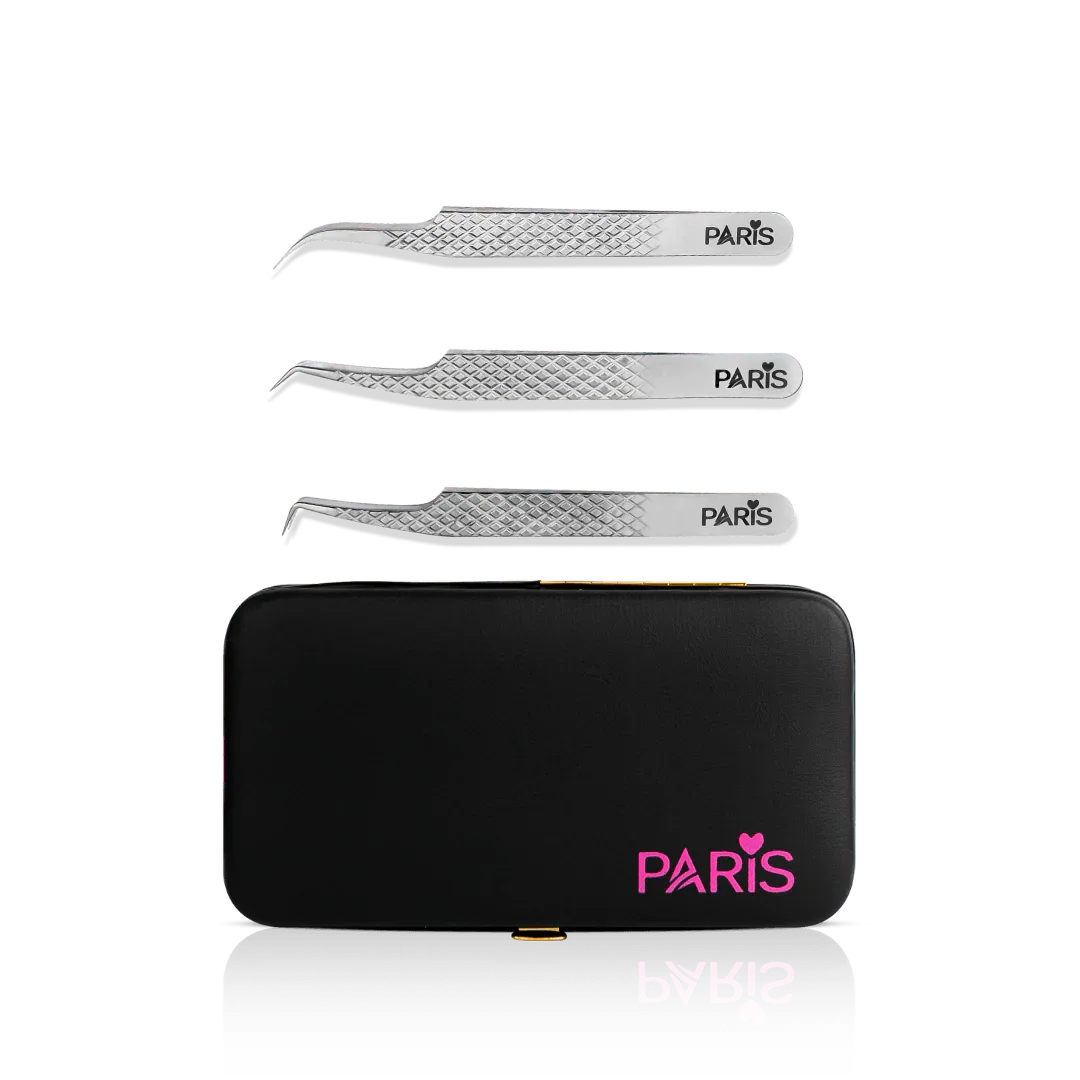 Mini Tweezer Set from Paris Lash Academy: The Volume Trio, P0, P6, P7 (front view of tweezers and magnetic tweezer case)