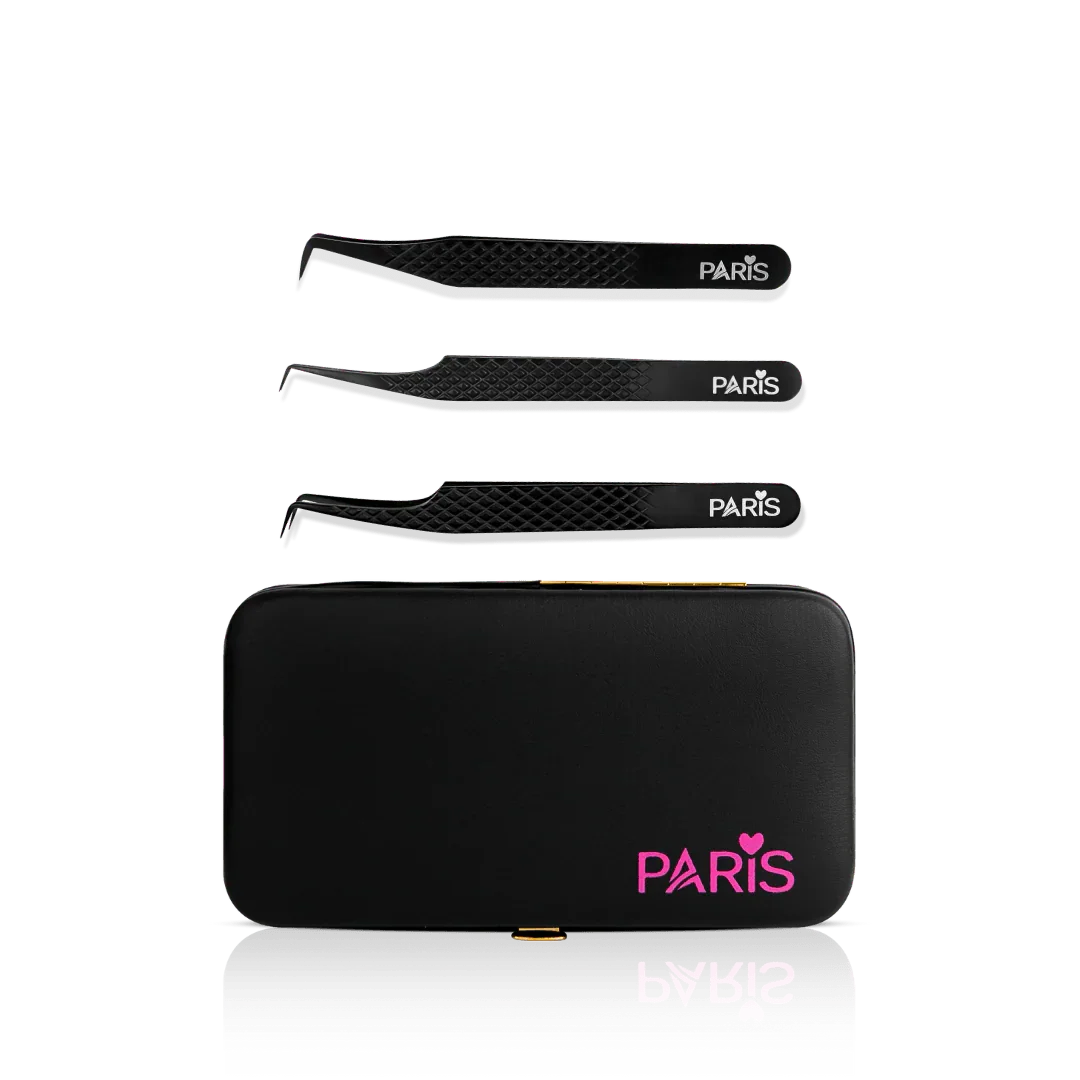 Mini Tweezer Set from Paris Lash Academy: 90 Degree Lover, P00, P0, P10 (front view of tweezers and magnetic tweezer case)