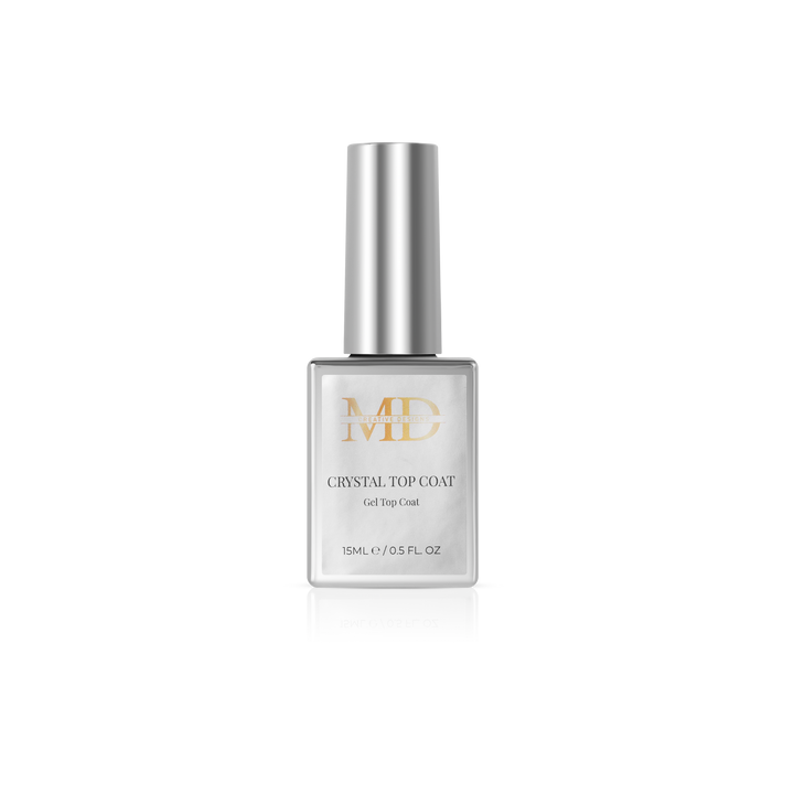 Nail polish bottle with silver cap and gray label on a white background