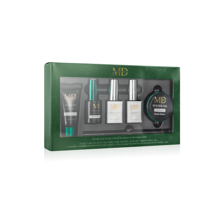 Gel product set with bottles and a gel in a green box on a white background