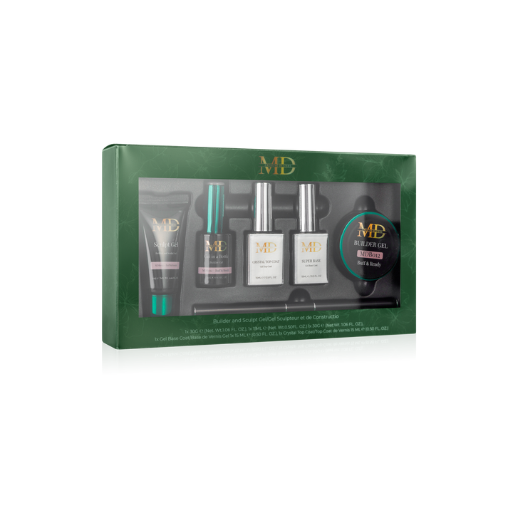 Gel product set with bottles and a tube in a green box on a white background